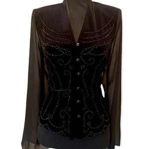 Women’s Black Velvet Jacket w/sheer sleeves& sparkly beads. Size 10